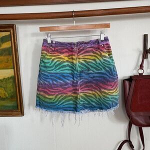 Rainbow Zebra Print Denim Mini Skirt | Y2K Festival Vibe